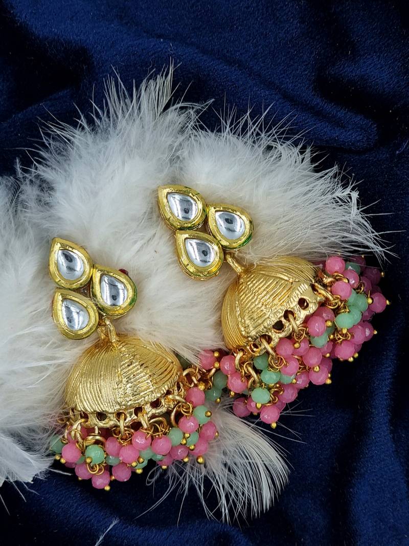 Pink stone & cluster beads & pearl drops ethnic jhumki earring for women er 111 mlt 240