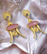Gold-plated pink stone-studded & beaded dangle brass earrings for women