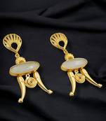 Gold-plated white stone-studded & beaded dangle brass earrings for women