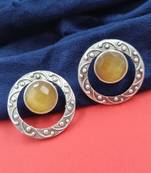 Oxidised silver plated yellow stone round stud earring for women