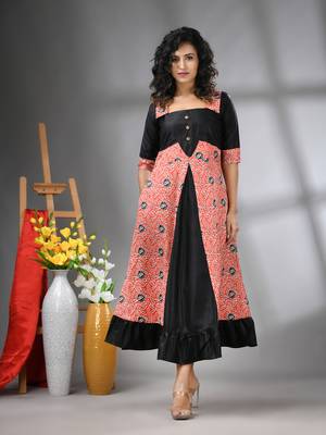 Orange and black modal ruffled ethnic dress with ajrat print 1