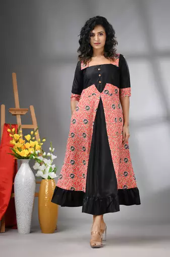 Orange and black modal ruffled ethnic dress with ajrat print