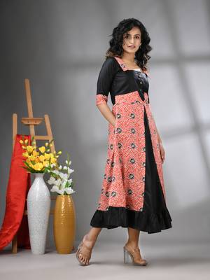 Orange and black modal ruffled ethnic dress with ajrat print 2