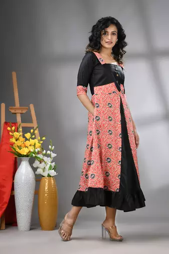 Orange and black modal ruffled ethnic dress with ajrat print