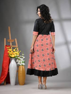 Orange and black modal ruffled ethnic dress with ajrat print 3