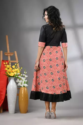 Orange and black modal ruffled ethnic dress with ajrat print