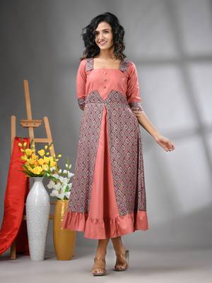 Peach modal ruffled ethnic dress with ajrat print 1