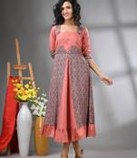 Peach modal ruffled ethnic dress with ajrat print