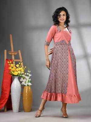 Peach modal ruffled ethnic dress with ajrat print 2