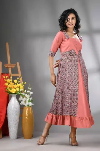 Peach modal ruffled ethnic dress with ajrat print