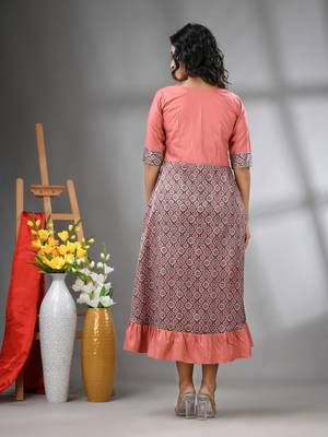 Peach modal ruffled ethnic dress with ajrat print 3