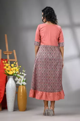 Peach modal ruffled ethnic dress with ajrat print