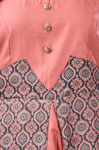 Peach modal ruffled ethnic dress with ajrat print