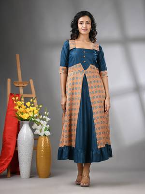 Blue modal ruffled ethnic dress with ajrat print 1