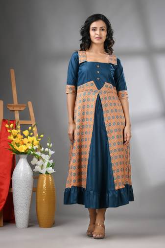 Blue modal ruffled ethnic dress with ajrat print
