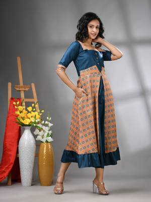 Blue modal ruffled ethnic dress with ajrat print 2