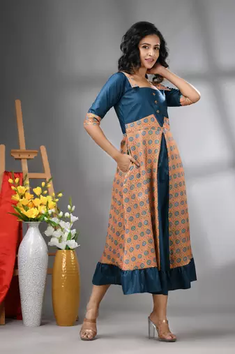 Blue modal ruffled ethnic dress with ajrat print