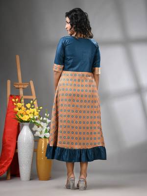 Blue modal ruffled ethnic dress with ajrat print 3
