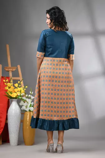 Blue modal ruffled ethnic dress with ajrat print