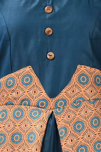 Blue modal ruffled ethnic dress with ajrat print