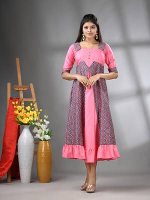 Pink modal ruffled ethnic dress with ajrat print 1