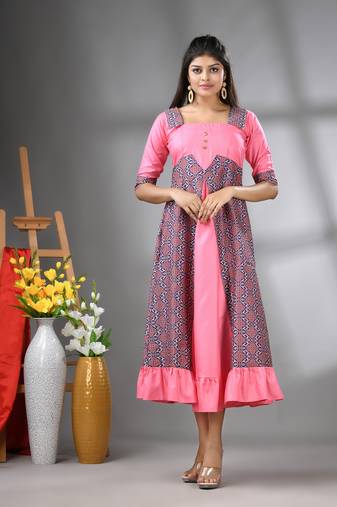Pink modal ruffled ethnic dress with ajrat print