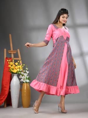Pink modal ruffled ethnic dress with ajrat print 2