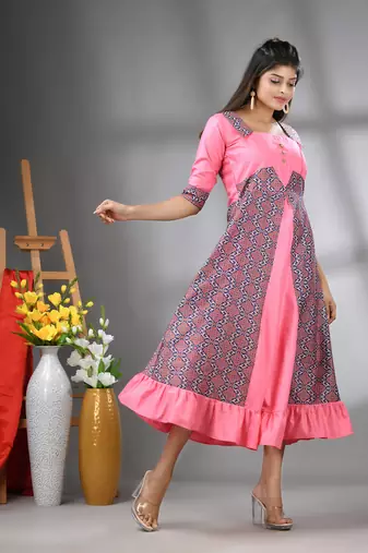 Pink modal ruffled ethnic dress with ajrat print