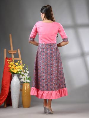 Pink modal ruffled ethnic dress with ajrat print 3