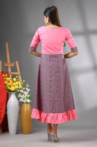 Pink modal ruffled ethnic dress with ajrat print