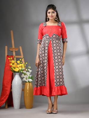 Red modal ruffled ethnic dress with ajrat print 1