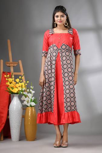 Red modal ruffled ethnic dress with ajrat print