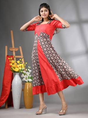Red modal ruffled ethnic dress with ajrat print 2