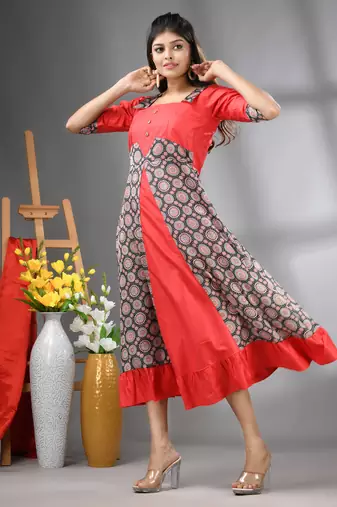 Red modal ruffled ethnic dress with ajrat print