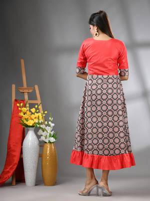 Red modal ruffled ethnic dress with ajrat print 3