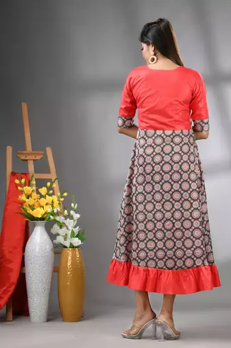 Red modal ruffled ethnic dress with ajrat print