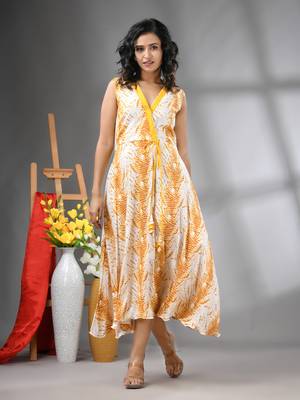 White and yellow rayon shibori printed ethnic dress 1