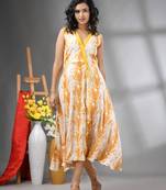 White and yellow rayon shibori printed ethnic dress