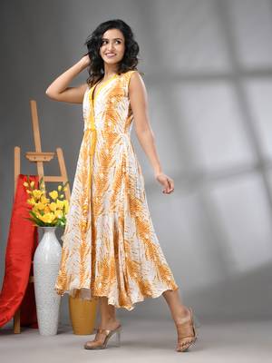 White and yellow rayon shibori printed ethnic dress 2