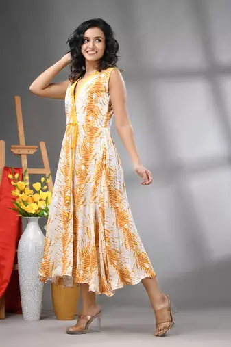White and yellow rayon shibori printed ethnic dress