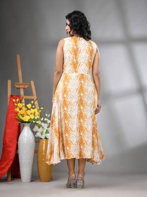 White and yellow rayon shibori printed ethnic dress 3