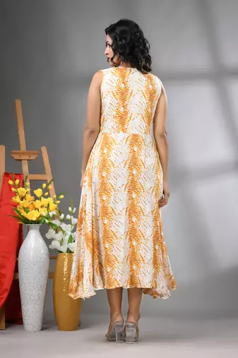 White and yellow rayon shibori printed ethnic dress