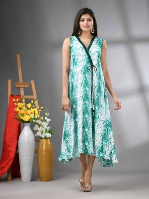 White and green rayon shibori printed ethnic dress 1