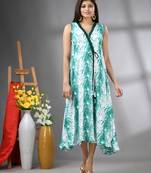 White and green rayon shibori printed ethnic dress