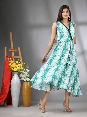 White and green rayon shibori printed ethnic dress 2