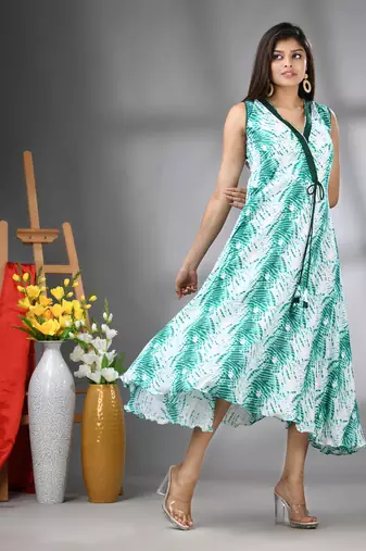 White and green rayon shibori printed ethnic dress