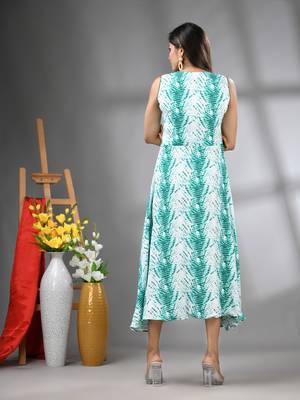 White and green rayon shibori printed ethnic dress 3