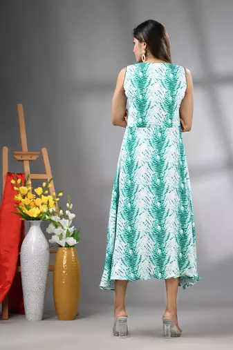 White and green rayon shibori printed ethnic dress