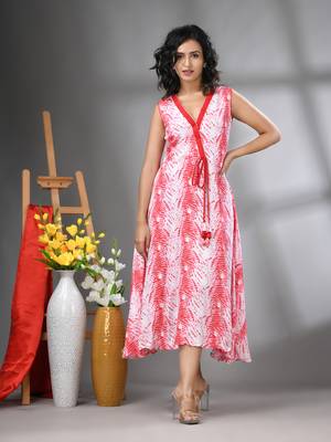 White and red rayon shibori printed ethnic dress 1