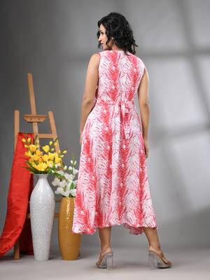 White and red rayon shibori printed ethnic dress 3